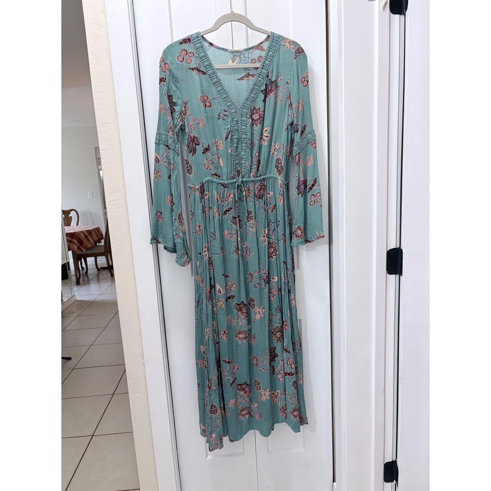 Kings Road Floral Crochet Lace Maxi Dress Teal Green Bell Sleeve Boho Medium